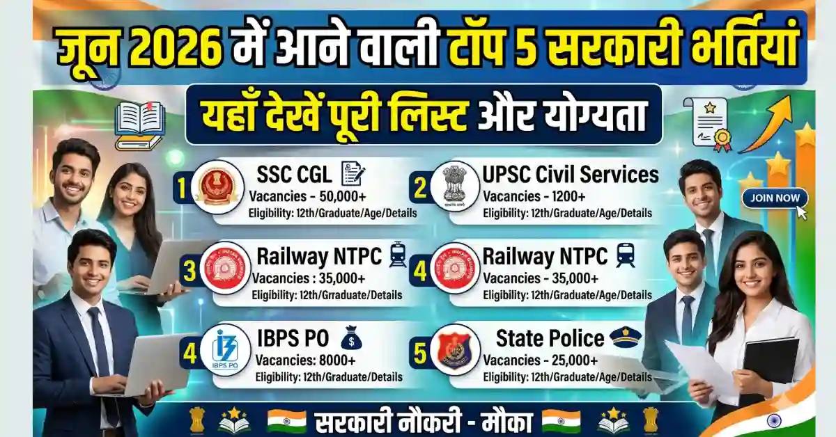जून 2026 में आने वाली टॉप 5 सरकारी भर्तियां - Railway RPF, IBPS RRB, SSC MTS और BPSC की सूची